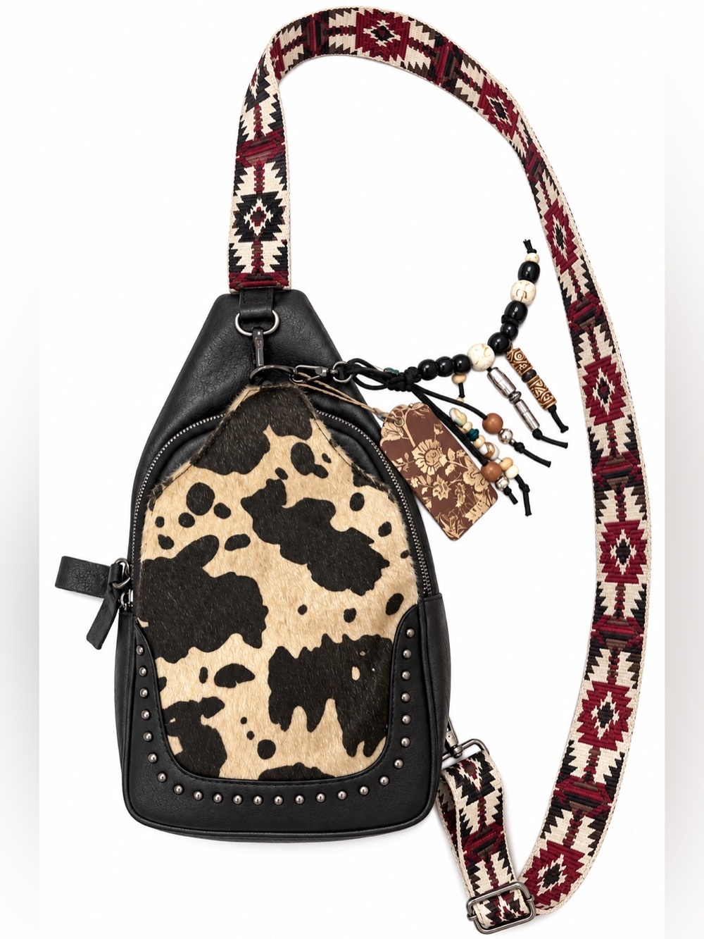 Sam & Hadley Cow Print Sling Crossbody Bag Boho Western Aztec Strap